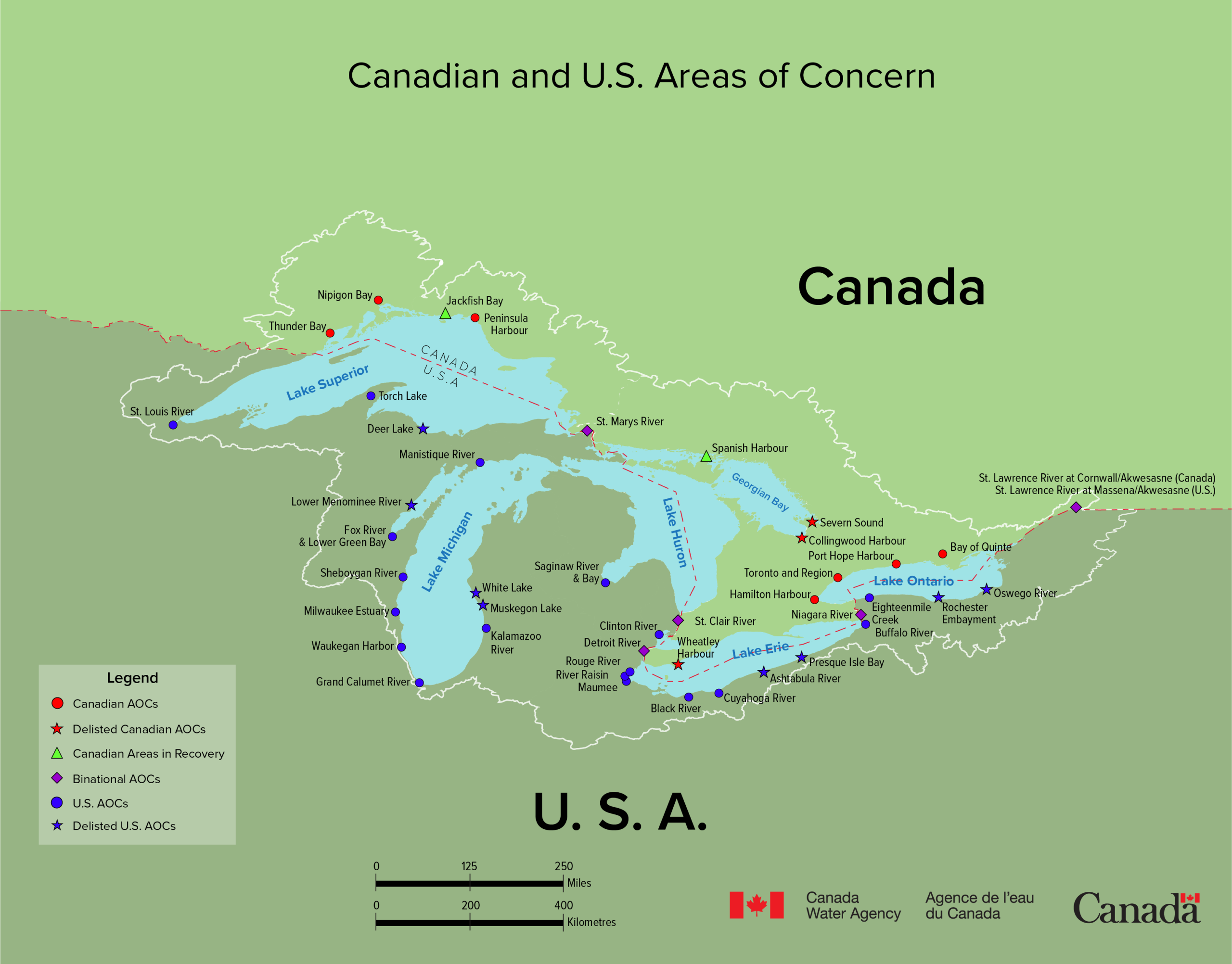 Current status of Great Lakes Areas of Concern (AOC) on a map showing which AOCs are still active, delisted, in recovery, and bi-national in Canada and the U.S.